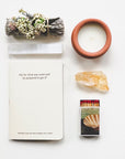 parigotte - Manifestation Meditation Ritual Kit - Californian White Sage with dried flowers bouquet , Citrine, White Selenite Crystal, Manifest Notebook , Handmade Candle in a Clay pot, Match box