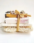parigotte - Meditation and Bath Ritual Kit - Californian White Sage Smudge Stick with Flower, Palo Santo Stick, Soft Exfoliating Cushion, Lavender Soap (vegan) on a hemp Rope , 5 Sticks Frankincense Nepalese Incense