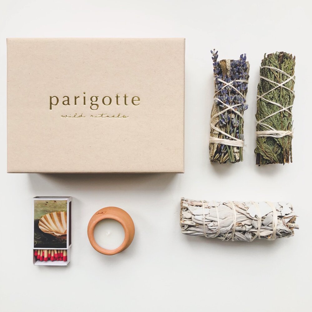 parigotte - Home Blessing Kit - White Sage from California, Yerba Santa Smudge with Lavender, Cedar Smudge, Handmade Candle in a mini clay pot, Match box, FSC certified Recycled Box 