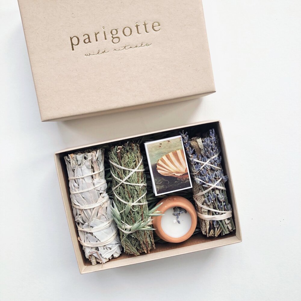 parigotte - Home Blessing Kit - White Sage from California, Yerba Santa Smudge with Lavender, Cedar Smudge, Handmade Candle in a mini clay pot, Match box, FSC certified Recycled Box